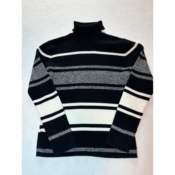 Liz & Co. Ribbed Black White Gray Turtleneck Cotton Blend Sweater NO SIZE TAG - Picture 1 of 5